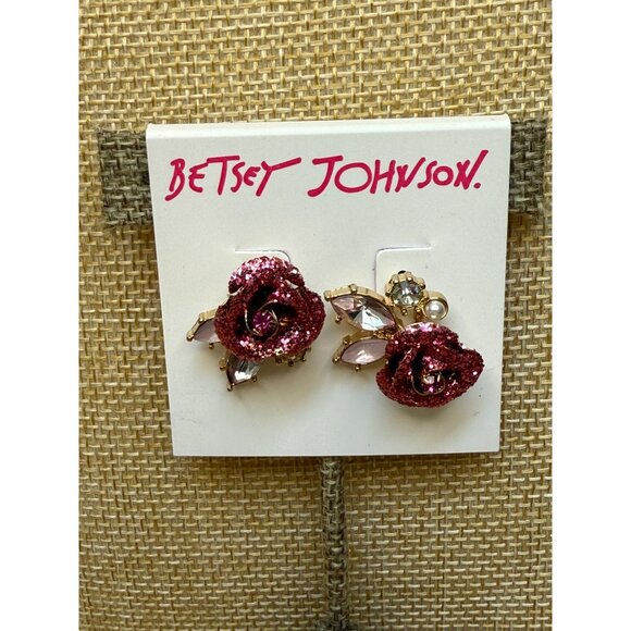 Betsey Johnson Rose Crystal Stud Earrings With Pink Glitter Accents & Gold-Tone - Picture 4 of 13